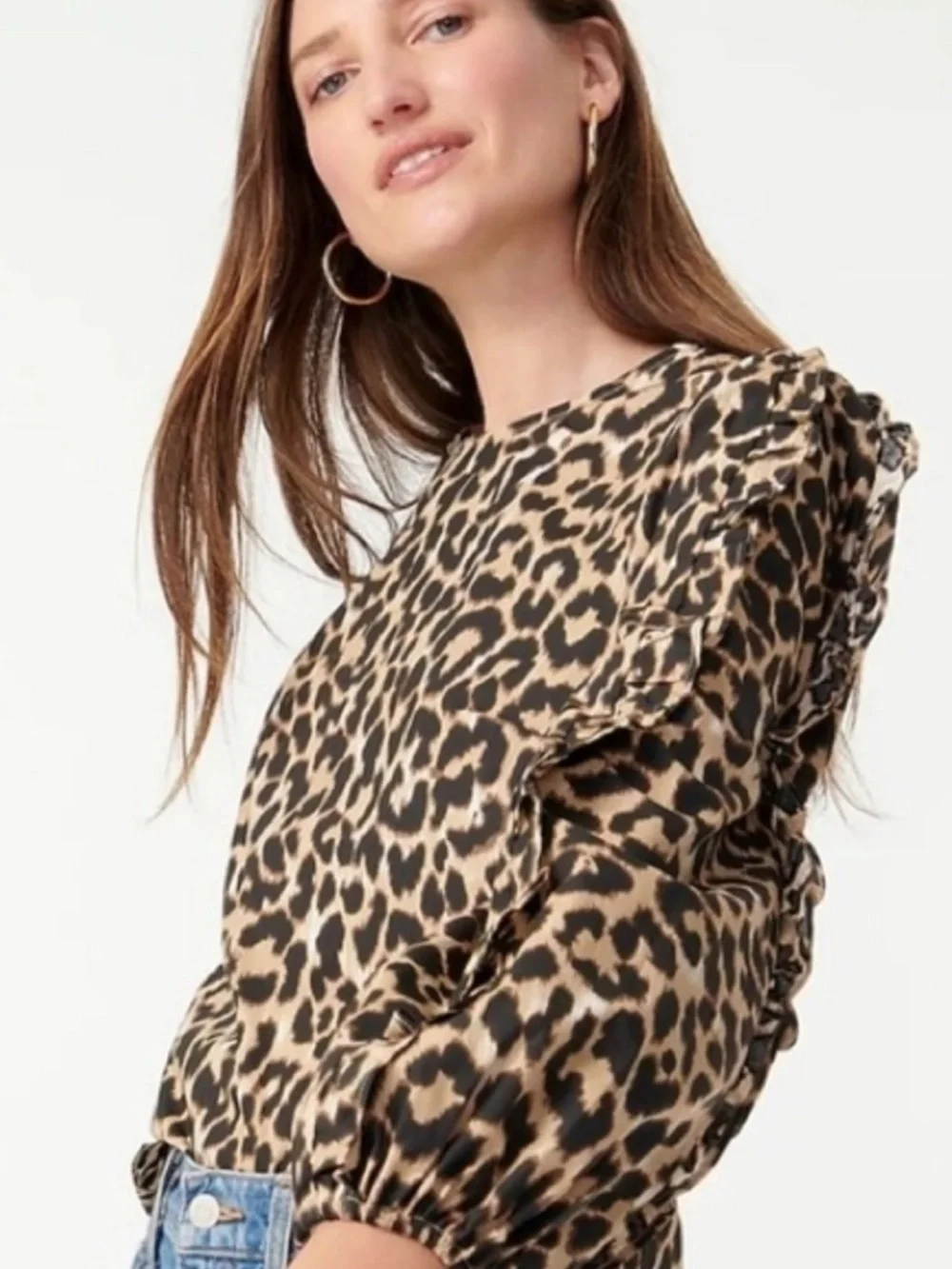 J. CREW Ruffle-Sleeve Top in Leopard Animal Print Brown Puff Sleeve Size S